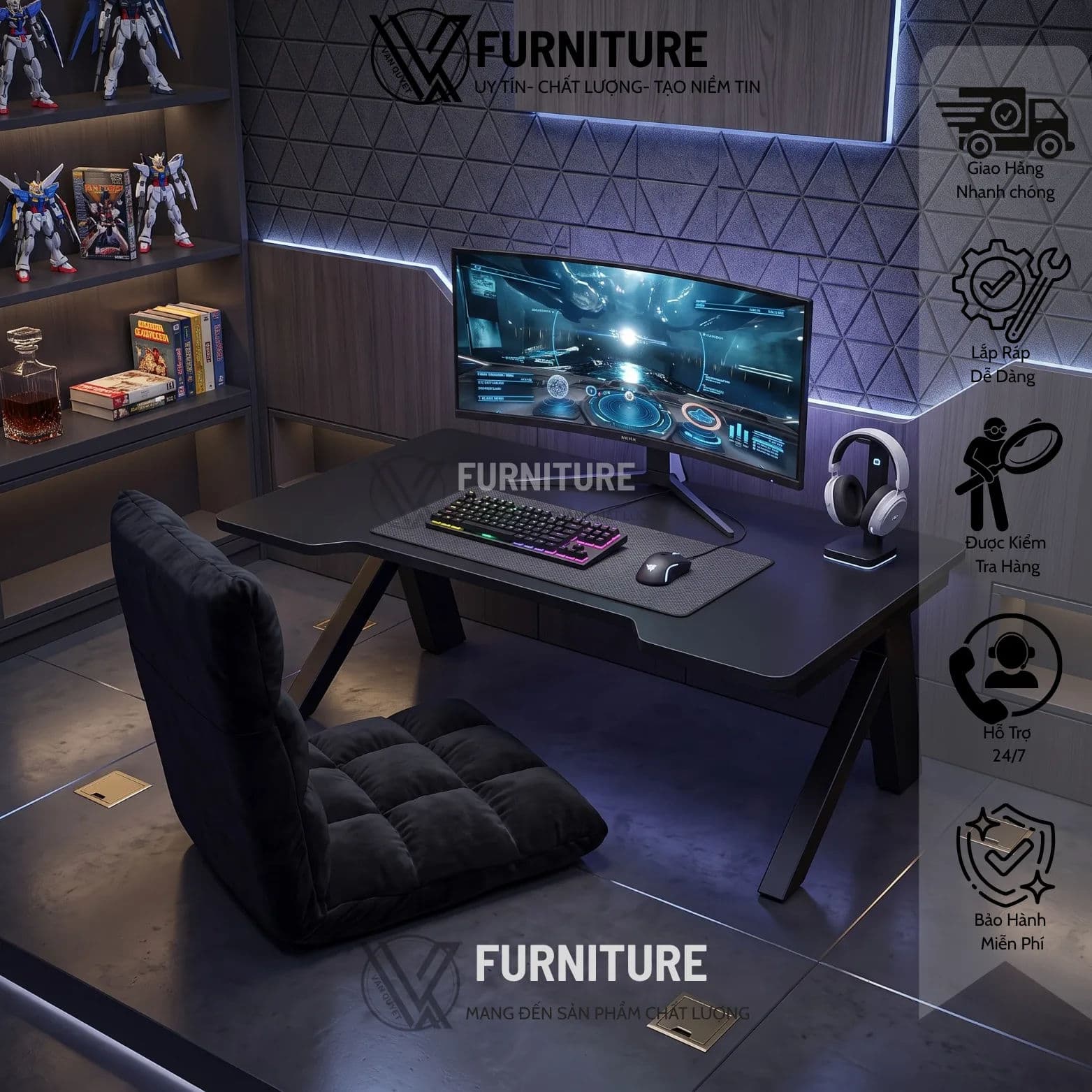 Bàn Làm Việc Văn Phòng Gaming Chân Chữ Z VQ-ZGM – Bàn Máy Tính, Bàn Làm Việc, Bàn Học MDF Chống Trầy| Nội Thất Văn Quyết
